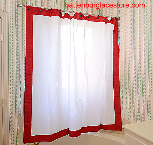 Shower Curtain. White with Red border - Click Image to Close